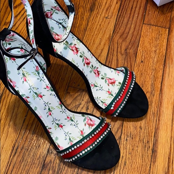 Black velour heel sandals with rhinestones - Picture 5 of 7